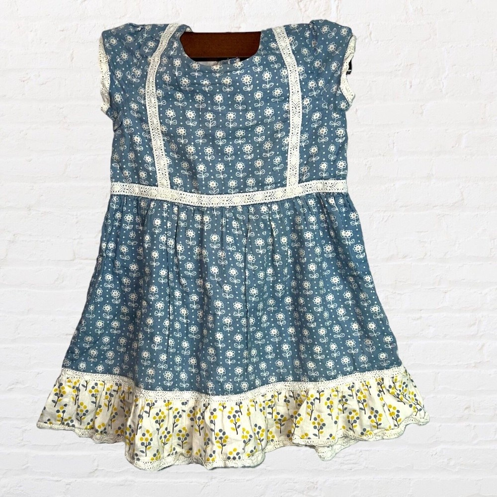 Mini Boden Dress Size 3t 4t Blue Floral‎ Buttons Linen Blend Prairie Lined